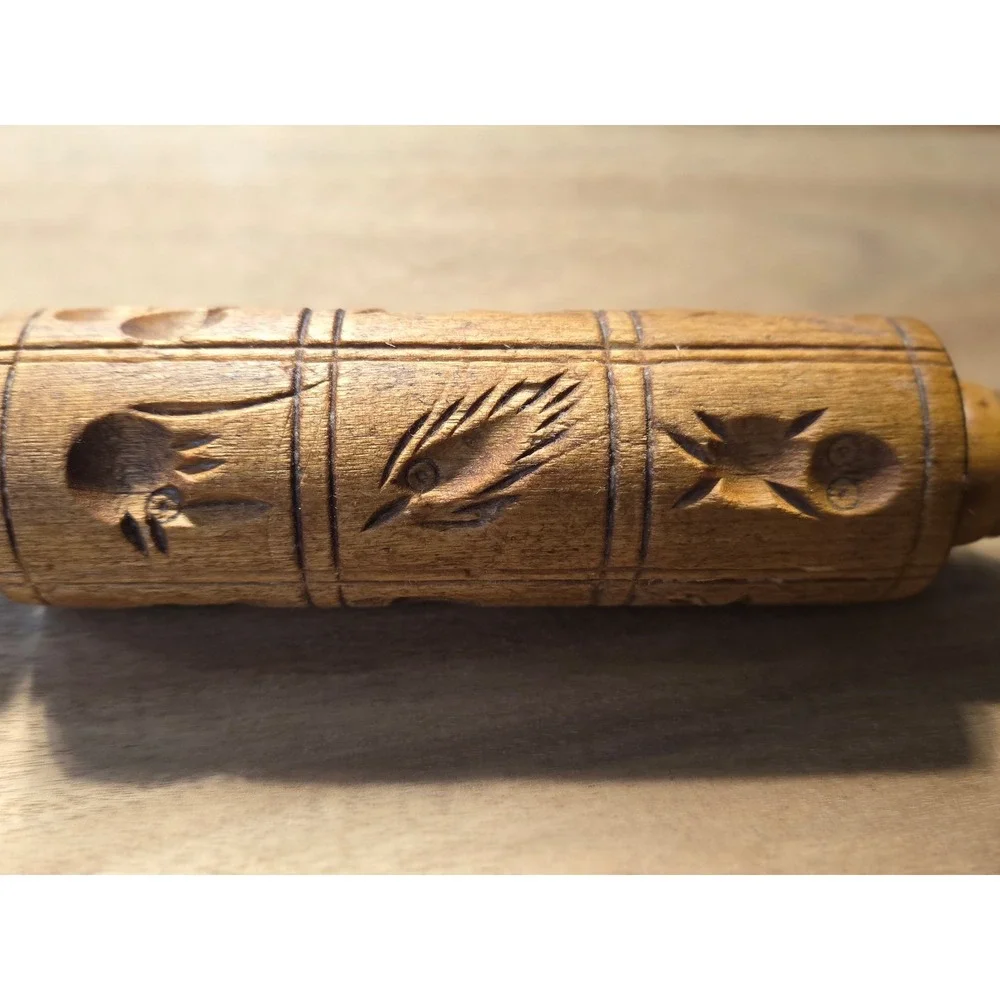 Vintage Hand Carved Wooden Springerle Rolling Pin Owl Star Folk Art Cookie Stamp